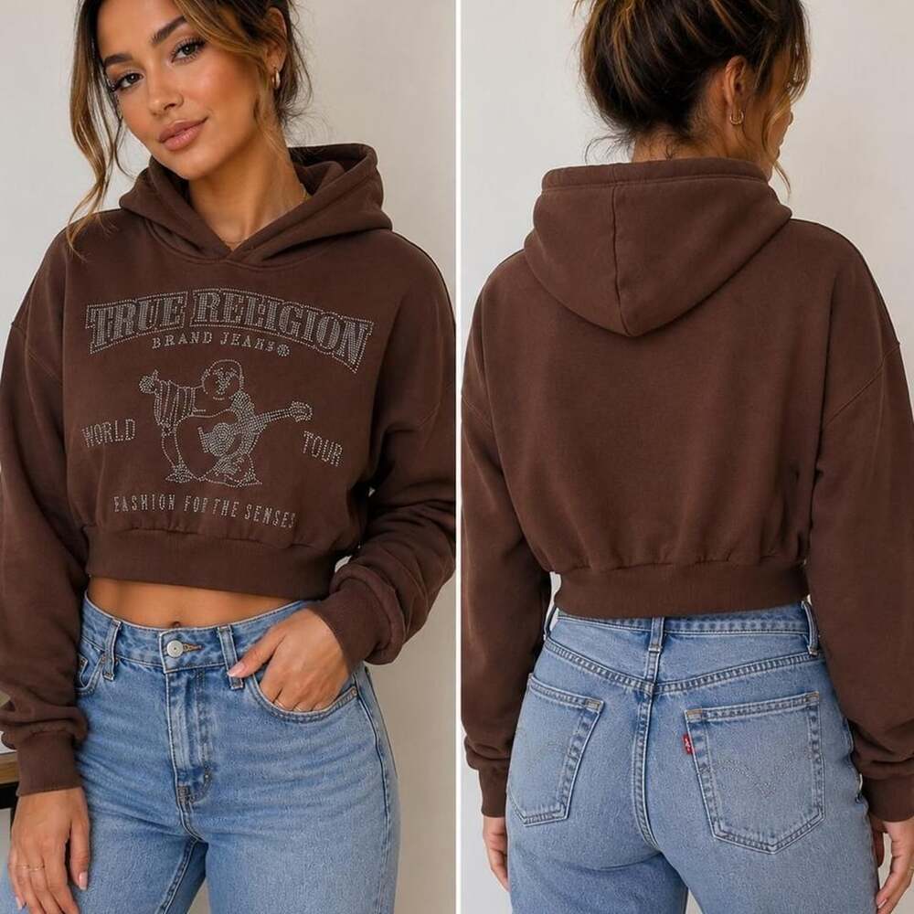 True Religion Crystal Cropped Pullover Hoodie Chicory Coffee XL